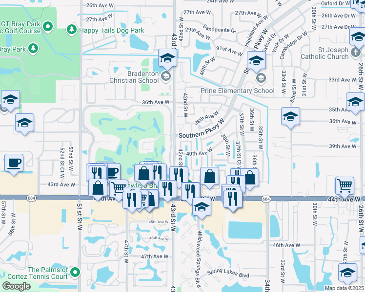map of restaurants, bars, coffee shops, grocery stores, and more near 3911 42nd Street West in Bradenton
