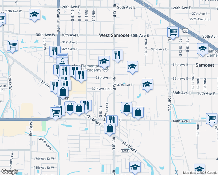 map of restaurants, bars, coffee shops, grocery stores, and more near 803 37th Avenue Drive East in Bradenton