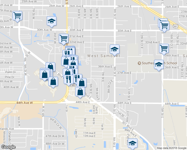 map of restaurants, bars, coffee shops, grocery stores, and more near 515 37th Avenue Drive East in Bradenton