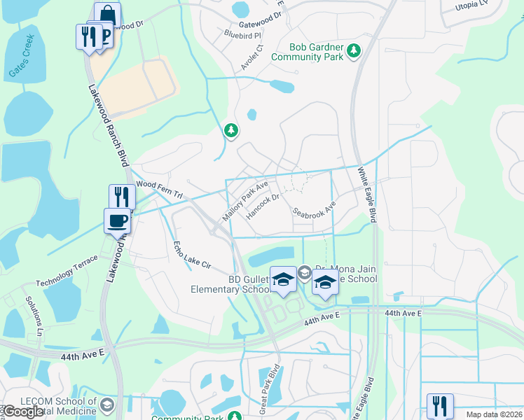 map of restaurants, bars, coffee shops, grocery stores, and more near 11824 Hancock Drive in Bradenton