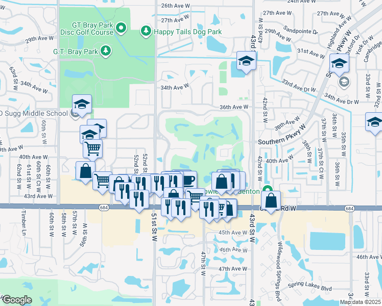 map of restaurants, bars, coffee shops, grocery stores, and more near 3860 Ironwood Lane in Bradenton