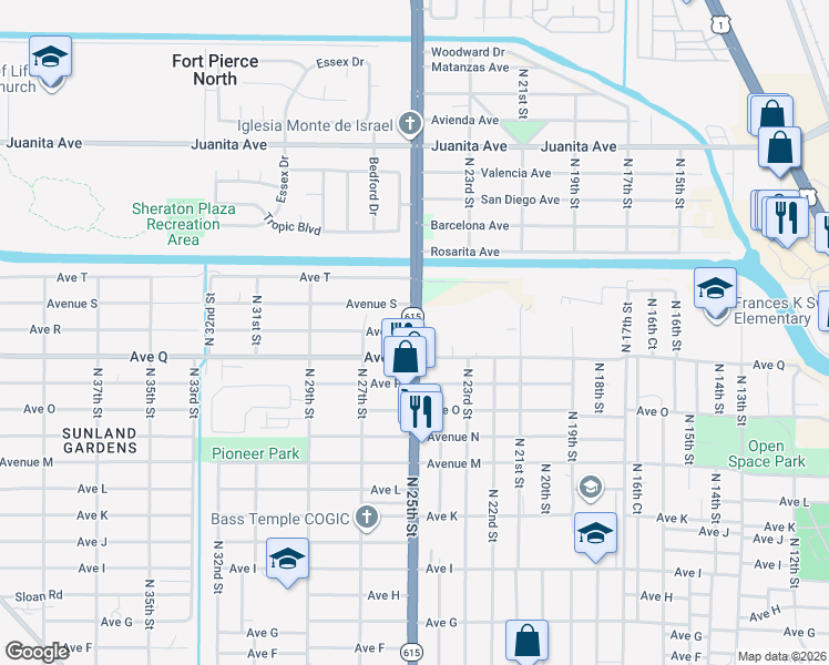 map of restaurants, bars, coffee shops, grocery stores, and more near 2507 Avenue R in Fort Pierce