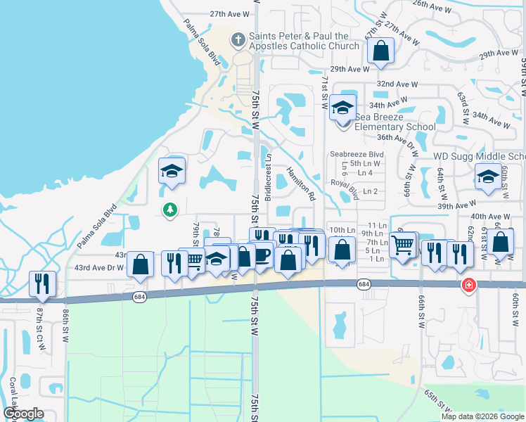 map of restaurants, bars, coffee shops, grocery stores, and more near 3924 Bridlecrest Lane in Bradenton