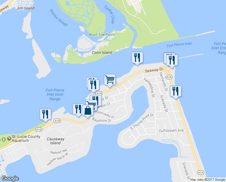 map of restaurants, bars, coffee shops, grocery stores, and more near 1301 Seaway Drive in Fort Pierce
