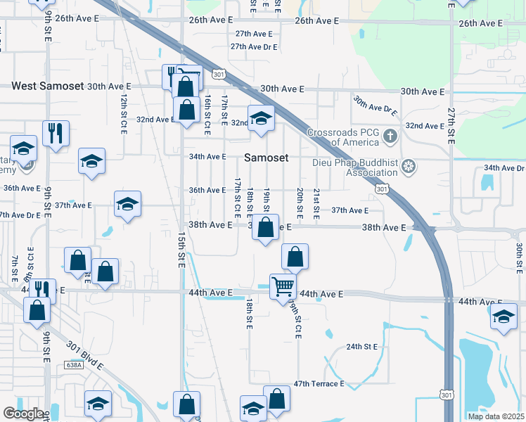 map of restaurants, bars, coffee shops, grocery stores, and more near 3707 18th Street East in Bradenton
