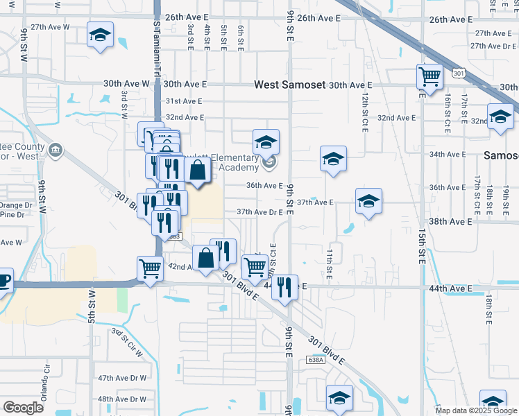map of restaurants, bars, coffee shops, grocery stores, and more near 611 37th Avenue Drive East in Bradenton