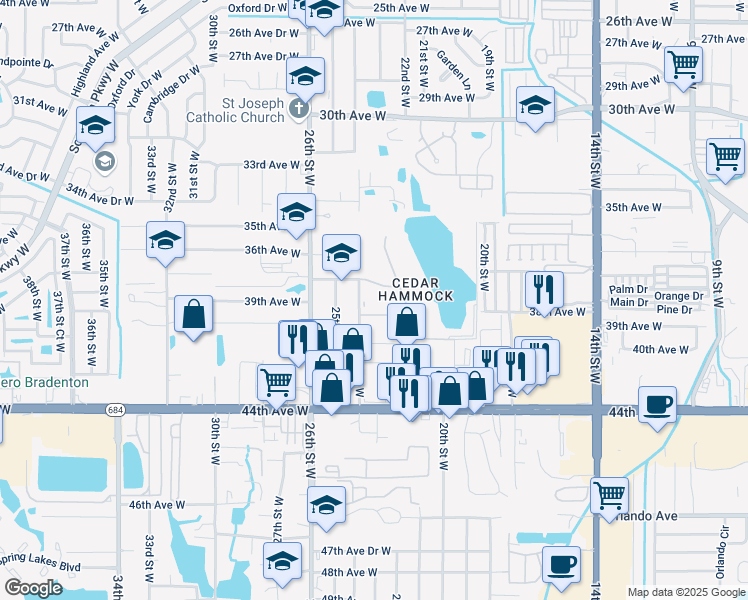 map of restaurants, bars, coffee shops, grocery stores, and more near 3409 24th Street West in Bradenton
