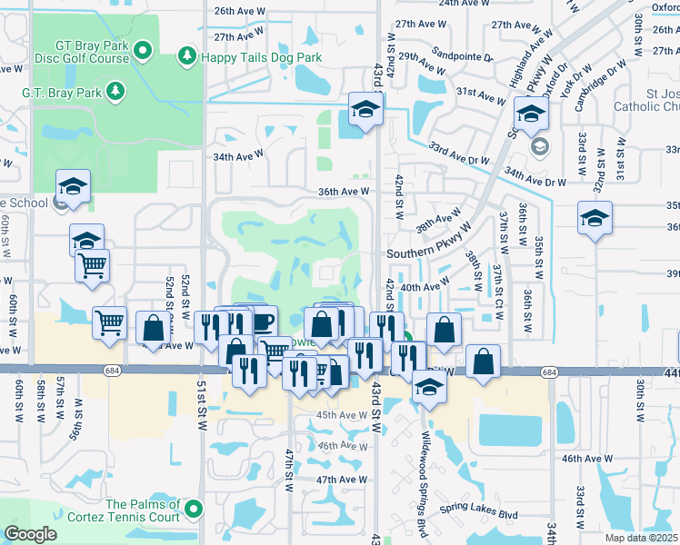 map of restaurants, bars, coffee shops, grocery stores, and more near 4480 Fairways Boulevard in Bradenton