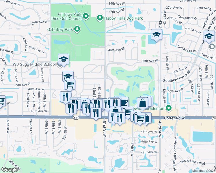 map of restaurants, bars, coffee shops, grocery stores, and more near 3908 51st Street West in Bradenton