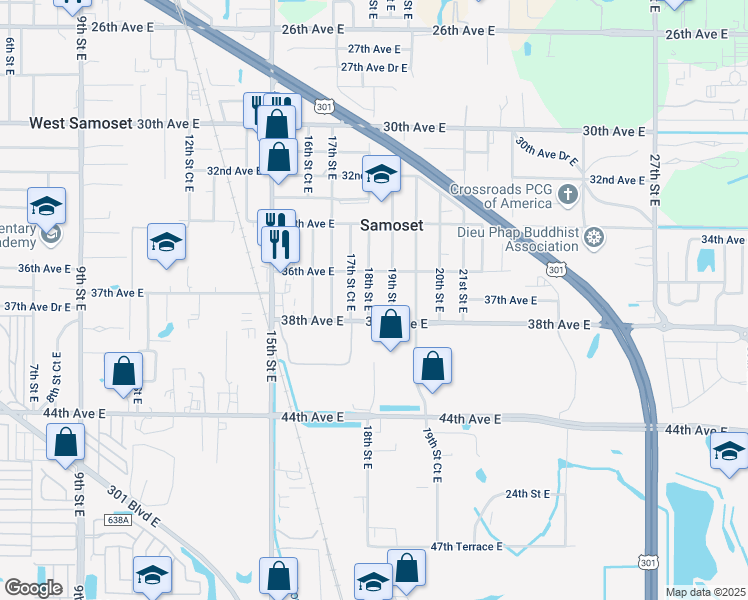 map of restaurants, bars, coffee shops, grocery stores, and more near 3707 18th Street East in Bradenton