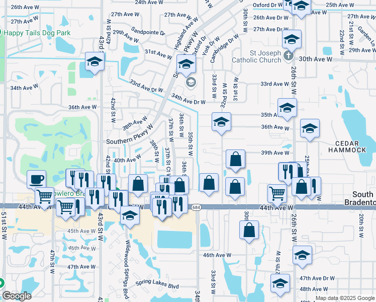 map of restaurants, bars, coffee shops, grocery stores, and more near 3907 35th Street West in Bradenton