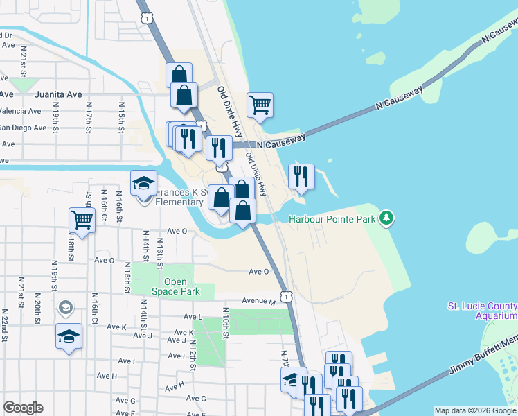 map of restaurants, bars, coffee shops, grocery stores, and more near 1908 Old Dixie Highway in Fort Pierce