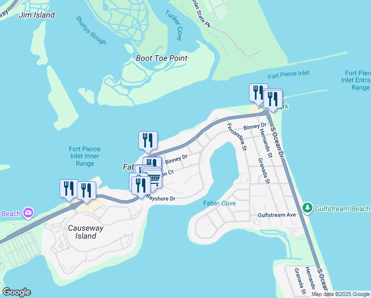 map of restaurants, bars, coffee shops, grocery stores, and more near 1301 Seaway Drive in Fort Pierce