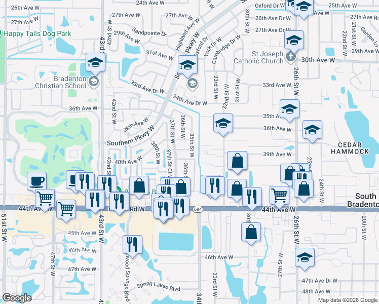 map of restaurants, bars, coffee shops, grocery stores, and more near 3907 35th Street West in Bradenton