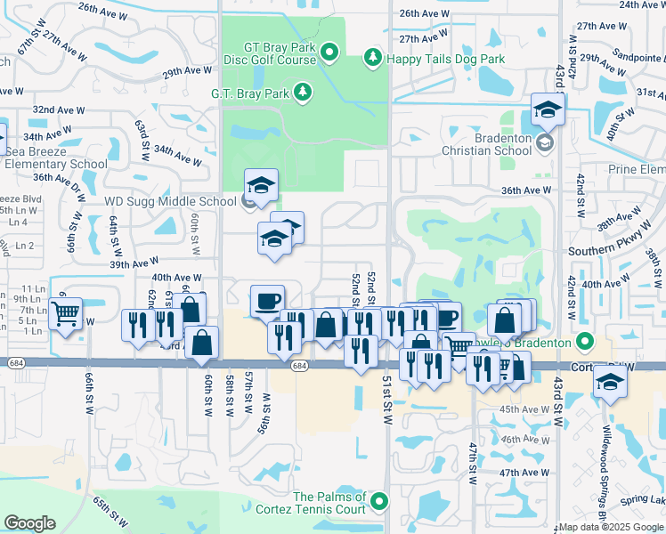 map of restaurants, bars, coffee shops, grocery stores, and more near 5311 39th Avenue West in Bradenton