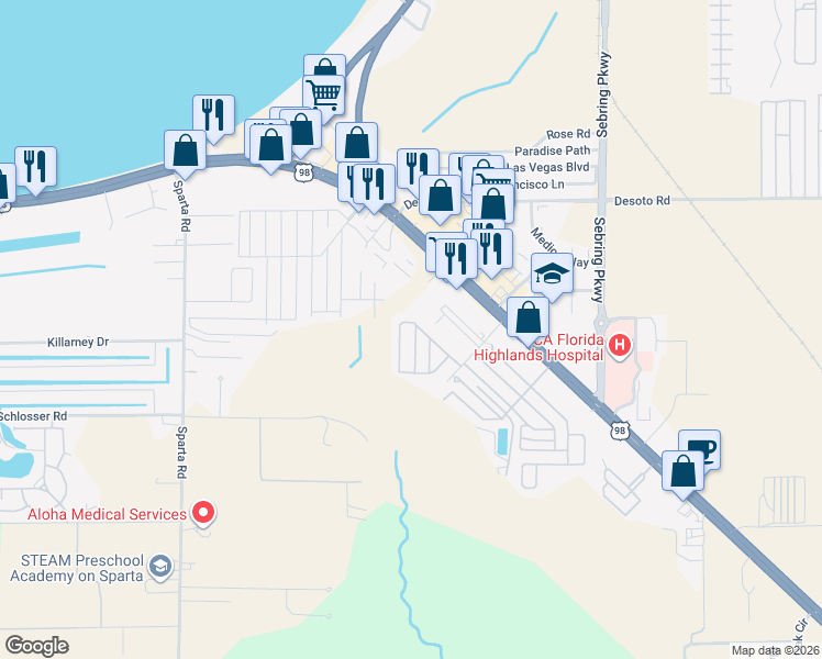 map of restaurants, bars, coffee shops, grocery stores, and more near 401-3117 Springtime Drive in Sebring