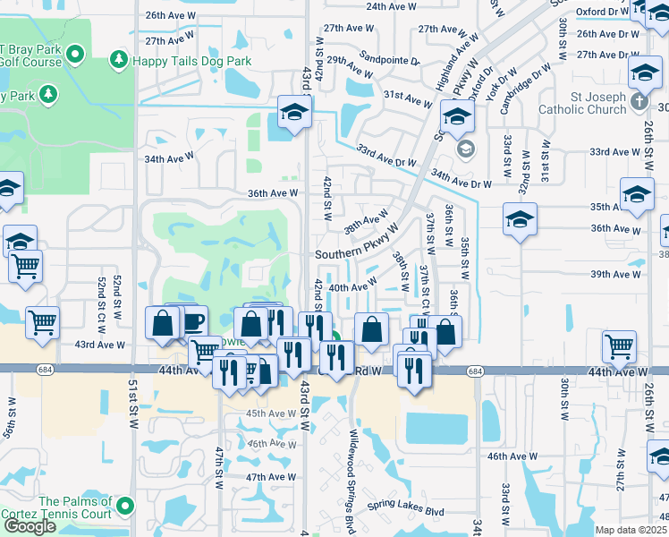 map of restaurants, bars, coffee shops, grocery stores, and more near 3911 42nd Street West in Bradenton