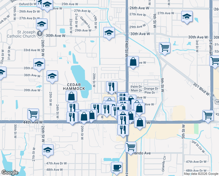 map of restaurants, bars, coffee shops, grocery stores, and more near 3711 16th Street West in Bradenton
