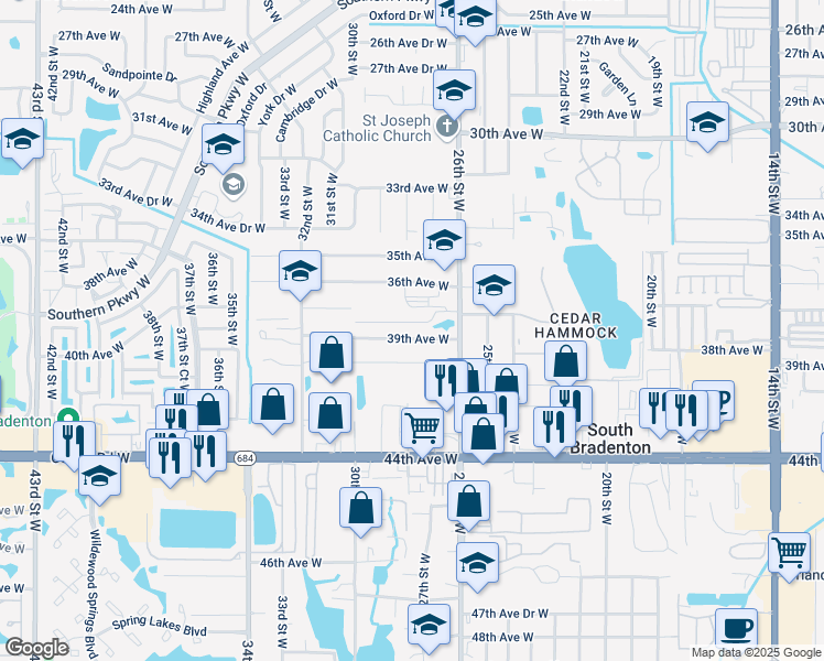 map of restaurants, bars, coffee shops, grocery stores, and more near 2811 39th Avenue West in Bradenton