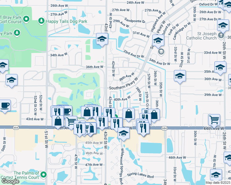 map of restaurants, bars, coffee shops, grocery stores, and more near 3911 42nd Street West in Bradenton