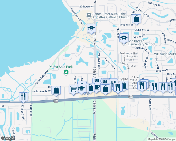 map of restaurants, bars, coffee shops, grocery stores, and more near 7500 40th Avenue West in Bradenton