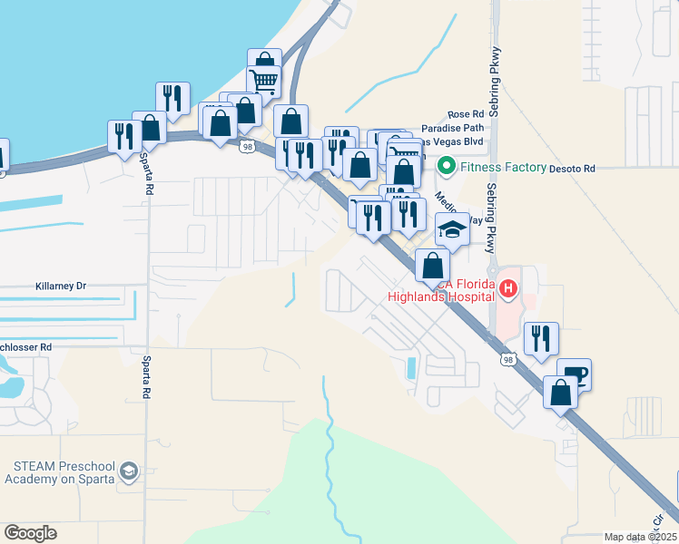 map of restaurants, bars, coffee shops, grocery stores, and more near 401 Springtime Drive in Sebring