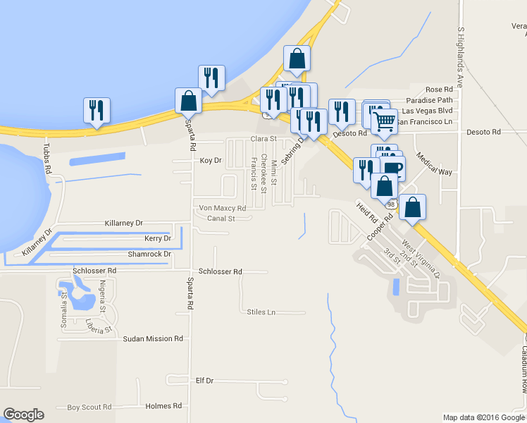 map of restaurants, bars, coffee shops, grocery stores, and more near 85 Von Maxcy Road in Sebring