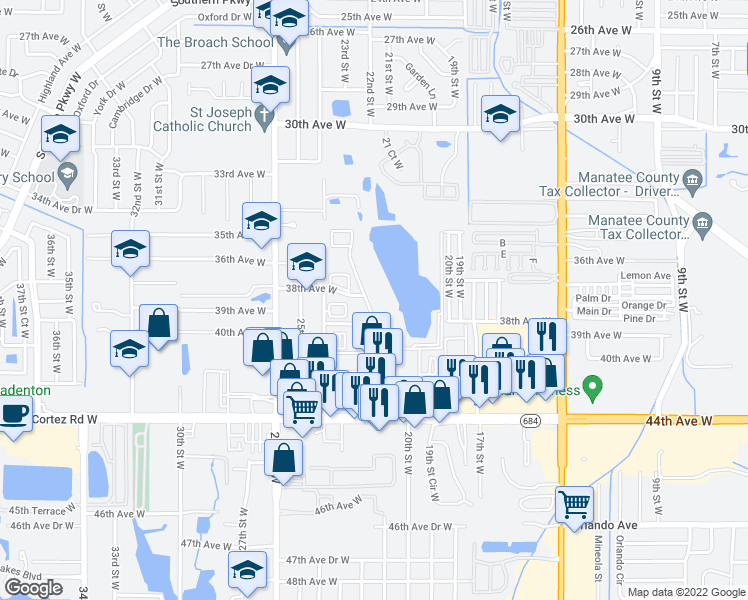 map of restaurants, bars, coffee shops, grocery stores, and more near 4117 Heron Way in Bradenton