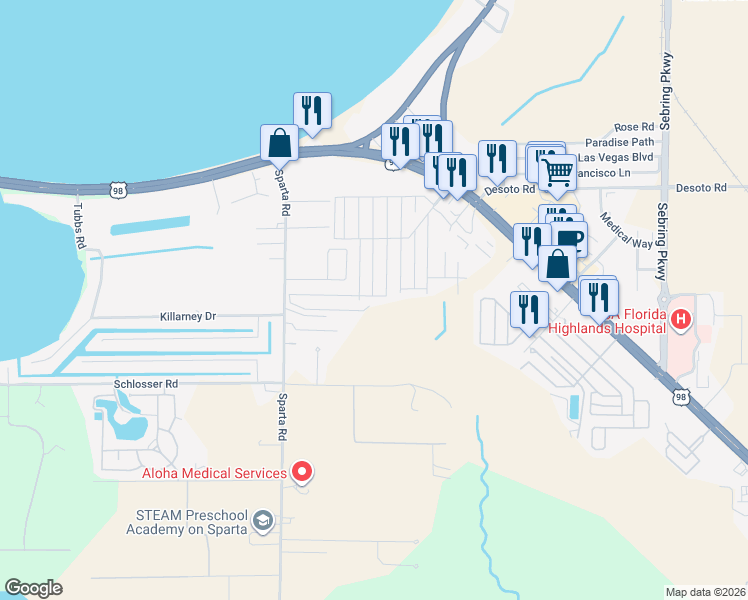 map of restaurants, bars, coffee shops, grocery stores, and more near 85 Von Maxcy Road in Sebring