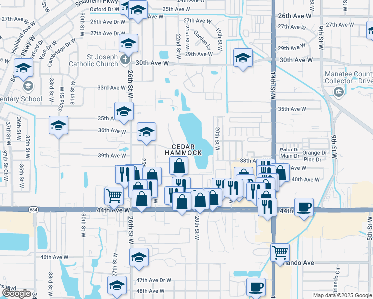 map of restaurants, bars, coffee shops, grocery stores, and more near 3799 Lake Bayshore Drive in Bradenton