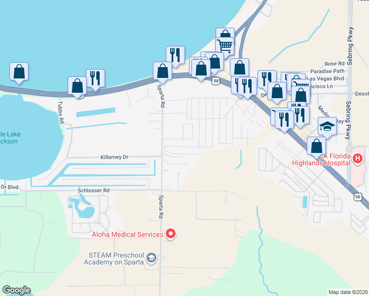 map of restaurants, bars, coffee shops, grocery stores, and more near 500-598 Canal St in Sebring