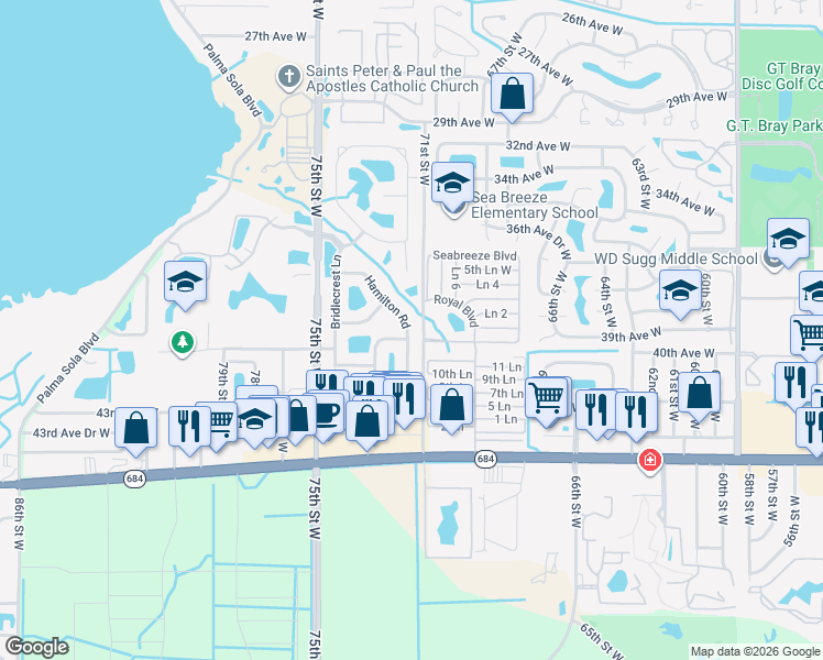 map of restaurants, bars, coffee shops, grocery stores, and more near 7202 Hamilton Road in Bradenton