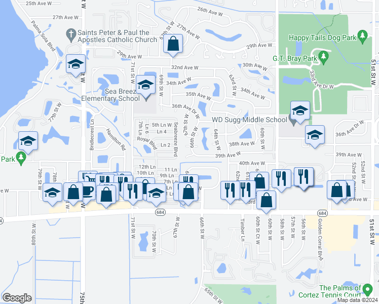 map of restaurants, bars, coffee shops, grocery stores, and more near 6602 39th Avenue Circle West in Bradenton