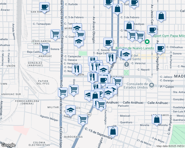 map of restaurants, bars, coffee shops, grocery stores, and more near 3434 Avenida Álvaro Obregón in Nuevo Laredo
