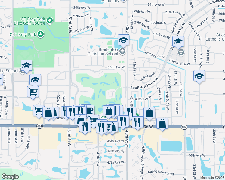 map of restaurants, bars, coffee shops, grocery stores, and more near 4480 Fairways Boulevard in Bradenton