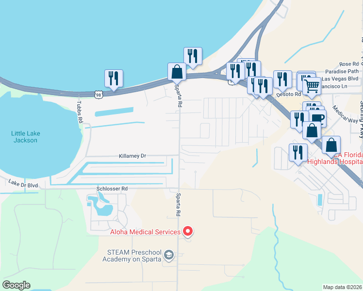 map of restaurants, bars, coffee shops, grocery stores, and more near 500 Canal Street in Sebring