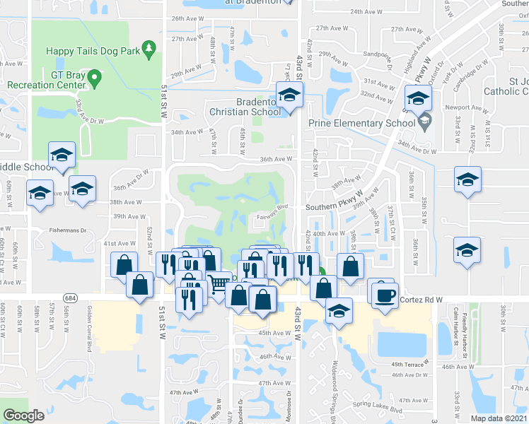 map of restaurants, bars, coffee shops, grocery stores, and more near 4480 Fairways Boulevard in Bradenton