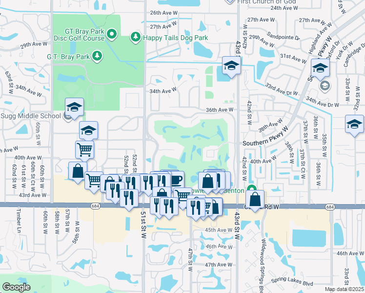 map of restaurants, bars, coffee shops, grocery stores, and more near 3860 Ironwood Lane in Bradenton