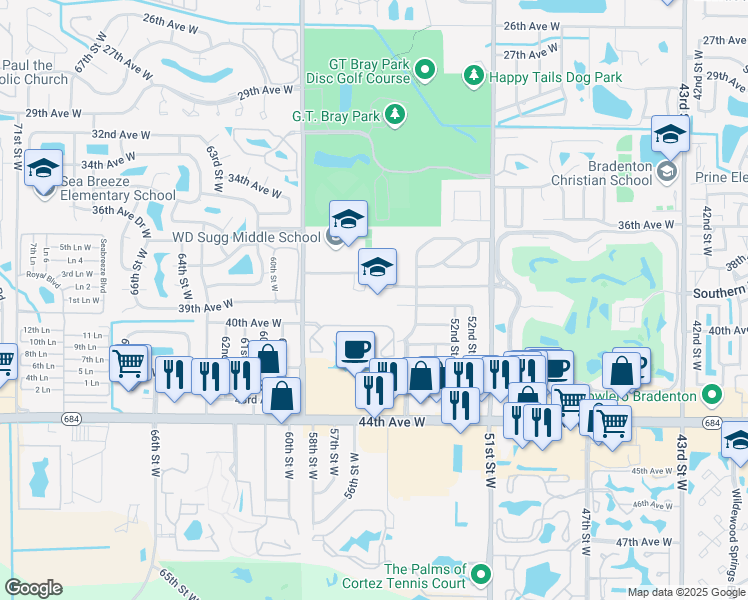 map of restaurants, bars, coffee shops, grocery stores, and more near 5573 Fishermans Drive in Bradenton