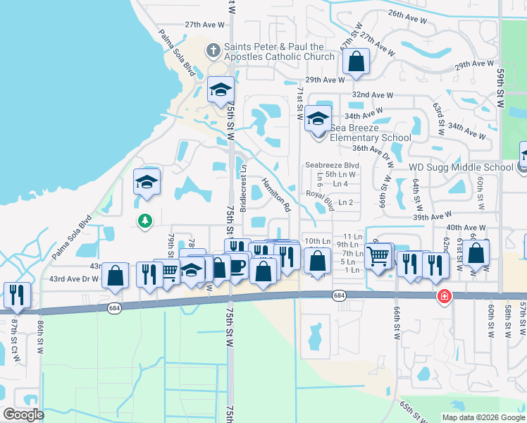 map of restaurants, bars, coffee shops, grocery stores, and more near 7328 Skybird Road in Bradenton