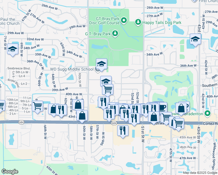 map of restaurants, bars, coffee shops, grocery stores, and more near 5425 38th Avenue West in Bradenton