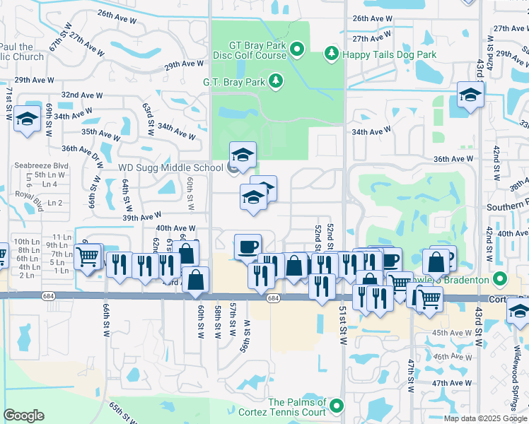 map of restaurants, bars, coffee shops, grocery stores, and more near 5425 38th Avenue West in Bradenton