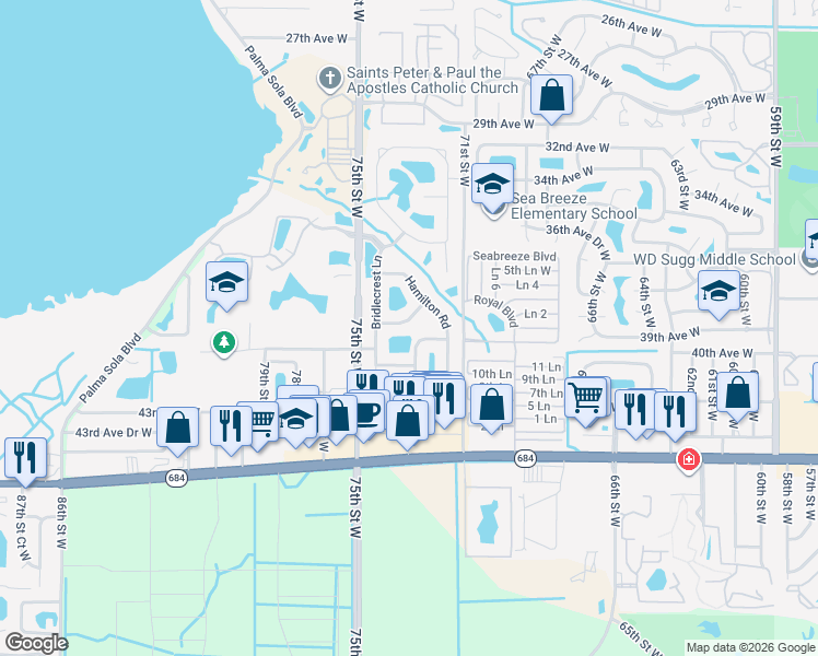 map of restaurants, bars, coffee shops, grocery stores, and more near 7328 Skybird Road in Bradenton