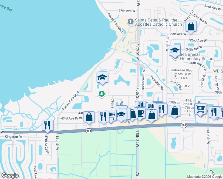 map of restaurants, bars, coffee shops, grocery stores, and more near 3942 75th Street West in Bradenton