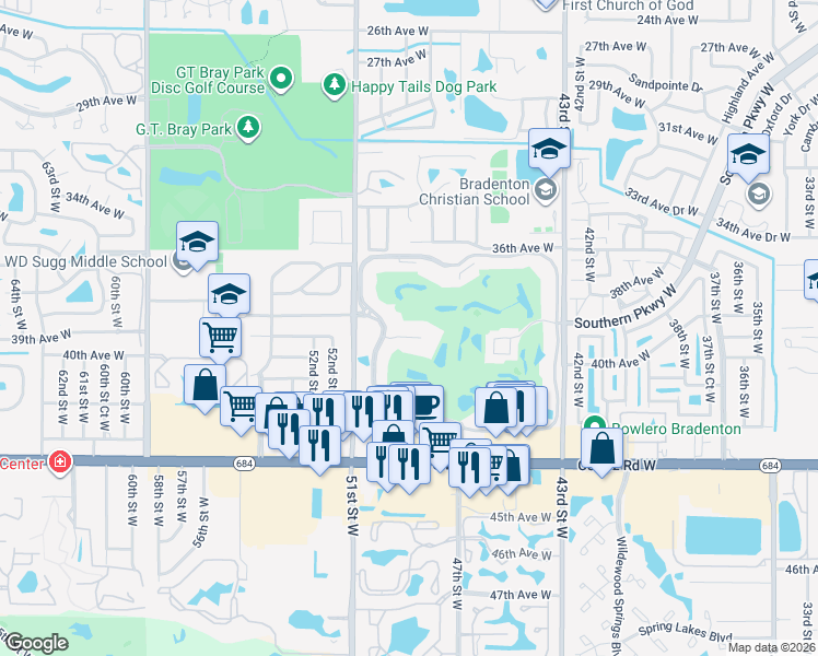 map of restaurants, bars, coffee shops, grocery stores, and more near 3860 Ironwood Lane in Bradenton
