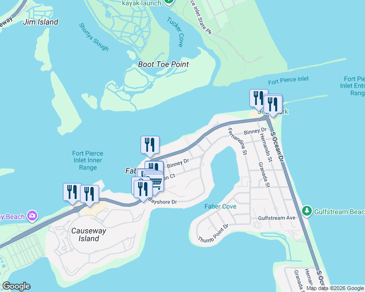 map of restaurants, bars, coffee shops, grocery stores, and more near 1300 Seaway Drive in Fort Pierce