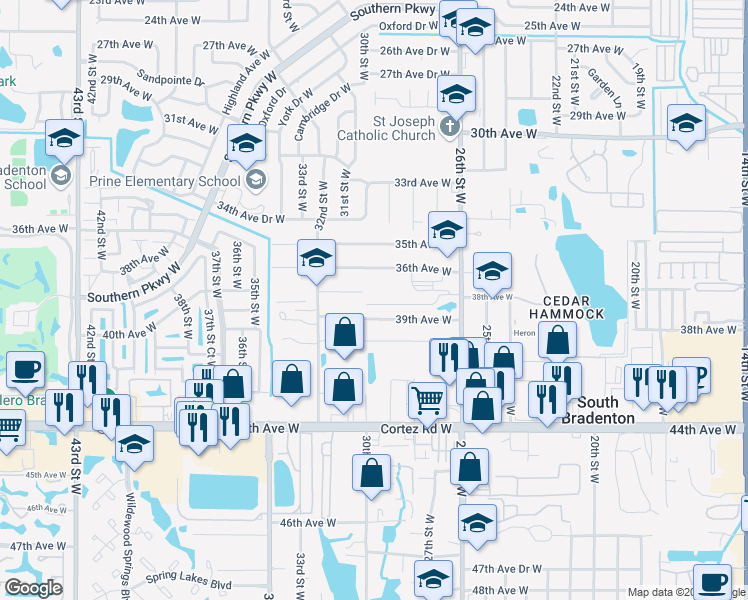 map of restaurants, bars, coffee shops, grocery stores, and more near 2916 38th Avenue West in Bradenton