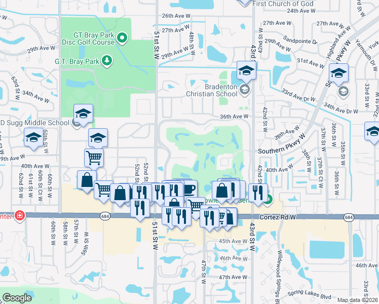 map of restaurants, bars, coffee shops, grocery stores, and more near 3840 Ironwood Lane in Bradenton