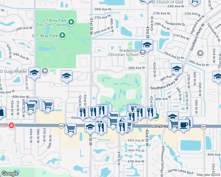 map of restaurants, bars, coffee shops, grocery stores, and more near 3840 Ironwood Lane in Bradenton