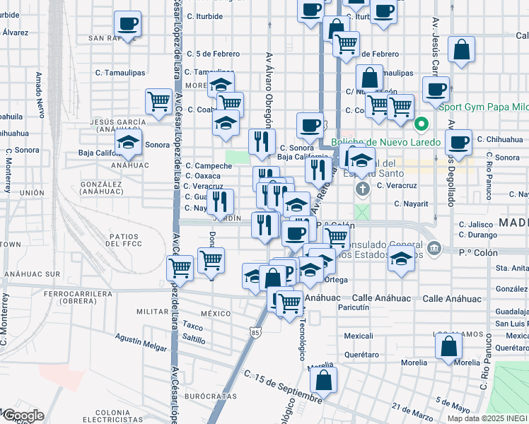 map of restaurants, bars, coffee shops, grocery stores, and more near 3434 Avenida Álvaro Obregón in Nuevo Laredo
